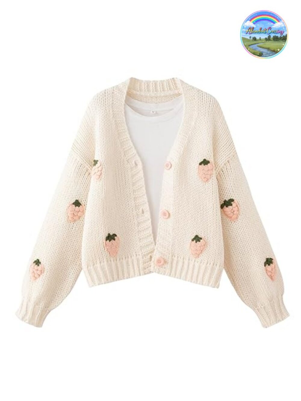 Women Kawaii Strawberry Embroidered Cardigan Long Sleeve V Neck Chunky Knit